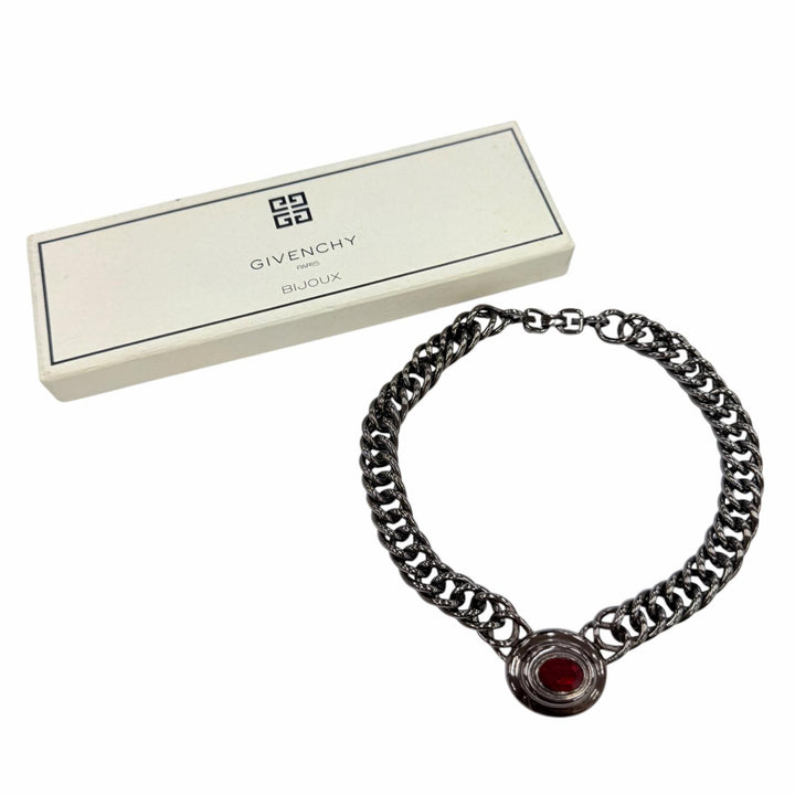 美品☆GIVENCHY ジバンシィ ヴィンテージ メタル カラーストーン チェーン チョーカー ネックレス ガンメタル レッド レディース 箱付き