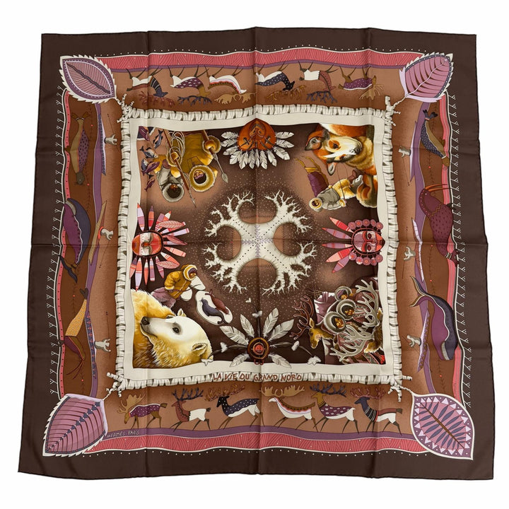 極美品☆HERMES エルメス カレ90 LA VIE DU GRAND NORD 北極圏の生活 シルク100％ スカーフ ブラウン系 マルチカラー フランス製