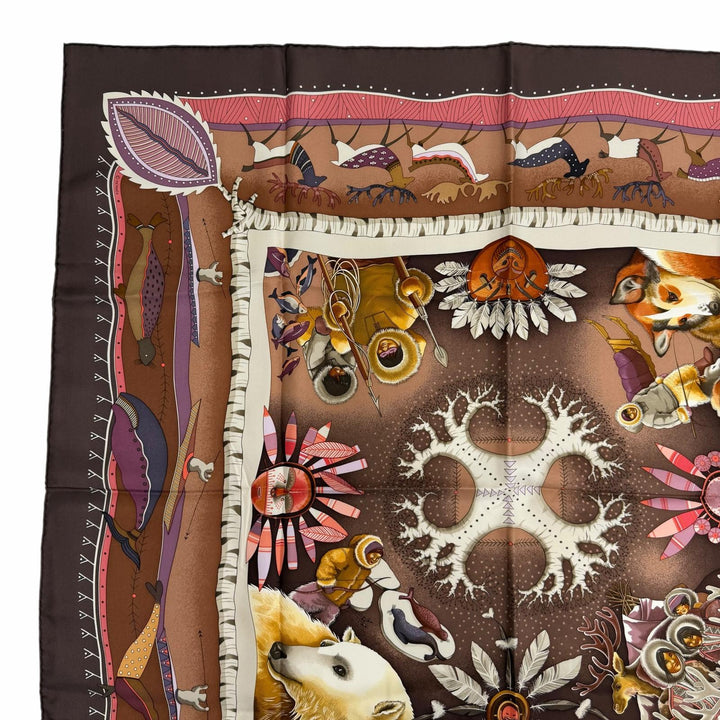 極美品☆HERMES エルメス カレ90 LA VIE DU GRAND NORD 北極圏の生活 シルク100％ スカーフ ブラウン系 マルチカラー フランス製