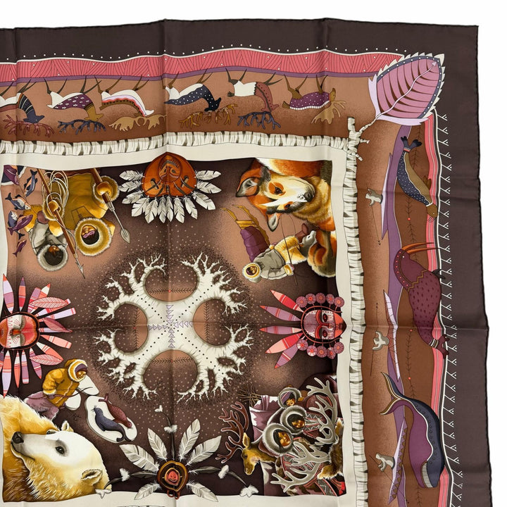 極美品☆HERMES エルメス カレ90 LA VIE DU GRAND NORD 北極圏の生活 シルク100％ スカーフ ブラウン系 マルチカラー フランス製