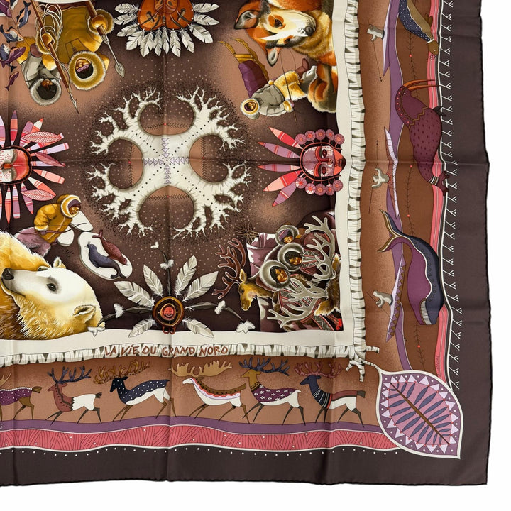 極美品☆HERMES エルメス カレ90 LA VIE DU GRAND NORD 北極圏の生活 シルク100％ スカーフ ブラウン系 マルチカラー フランス製