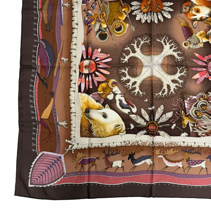 極美品☆HERMES エルメス カレ90 LA VIE DU GRAND NORD 北極圏の生活 シルク100％ スカーフ ブラウン系 マルチカラー フランス製