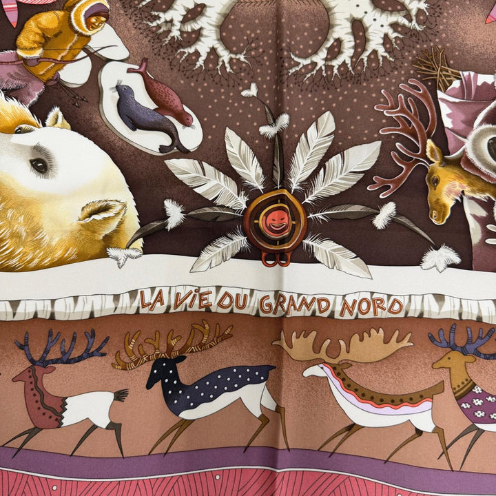 極美品☆HERMES エルメス カレ90 LA VIE DU GRAND NORD 北極圏の生活 シルク100％ スカーフ ブラウン系 マルチカラー フランス製