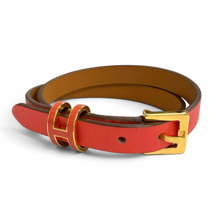 極美品△HERMES エルメス ポップH ドゥブルトゥール ゴールド金具 レザー ブレスレット レッド系 T2 K刻印 フランス製 箱・保存袋付き