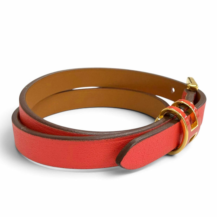 極美品△HERMES エルメス ポップH ドゥブルトゥール ゴールド金具 レザー ブレスレット レッド系 T2 K刻印 フランス製 箱・保存袋付き
