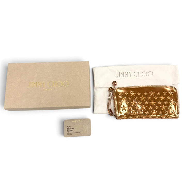 美品☆JIMMY CHOO ジミーチュウ レザー スタースタッズ ラウンドファスナー ロングウォレット 財布 ティーローズ メタリック 箱・保袋付