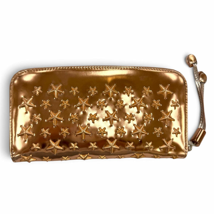 美品☆JIMMY CHOO ジミーチュウ レザー スタースタッズ ラウンドファスナー ロングウォレット 財布 ティーローズ メタリック 箱・保袋付