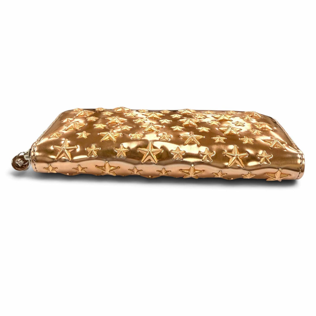 美品☆JIMMY CHOO ジミーチュウ レザー スタースタッズ ラウンドファスナー ロングウォレット 財布 ティーローズ メタリック 箱・保袋付