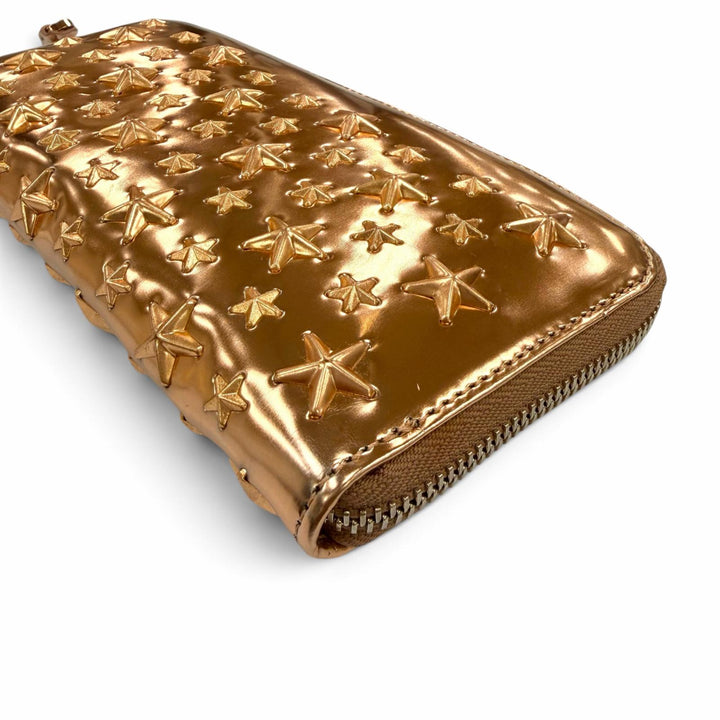 美品☆JIMMY CHOO ジミーチュウ レザー スタースタッズ ラウンドファスナー ロングウォレット 財布 ティーローズ メタリック 箱・保袋付