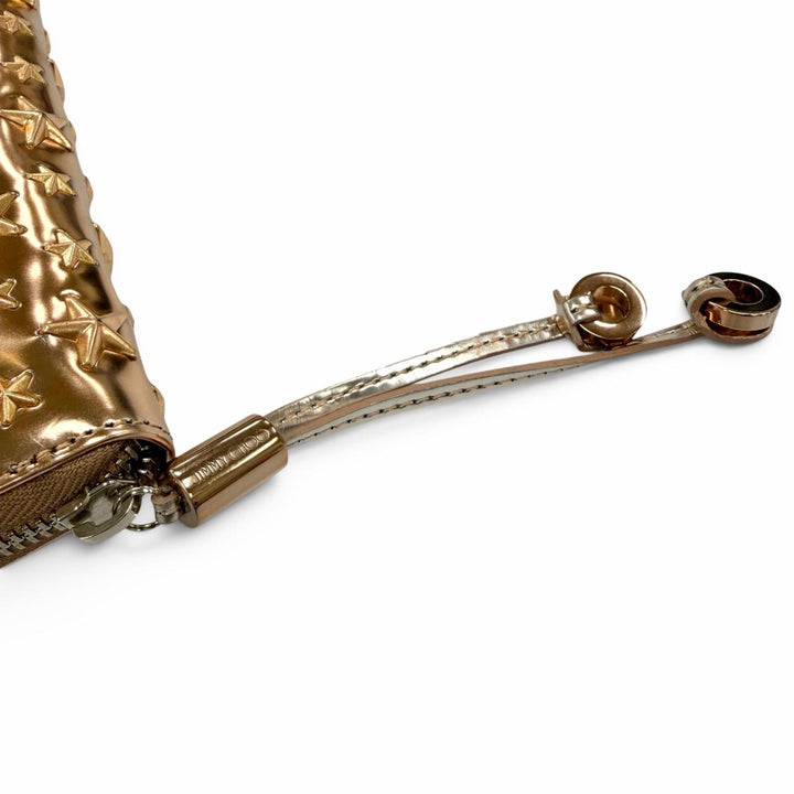 美品☆JIMMY CHOO ジミーチュウ レザー スタースタッズ ラウンドファスナー ロングウォレット 財布 ティーローズ メタリック 箱・保袋付