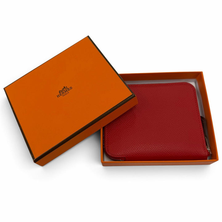 美品☆HERMES エルメス アザップコンパクト シルクイン ヴォーエプソン ルージュラデュー/ブルーイドラ シルバー金具 コインケース K刻印
