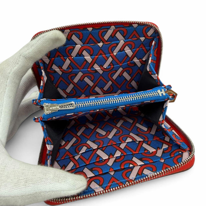 美品☆HERMES エルメス アザップコンパクト シルクイン ヴォーエプソン ルージュラデュー/ブルーイドラ シルバー金具 コインケース K刻印