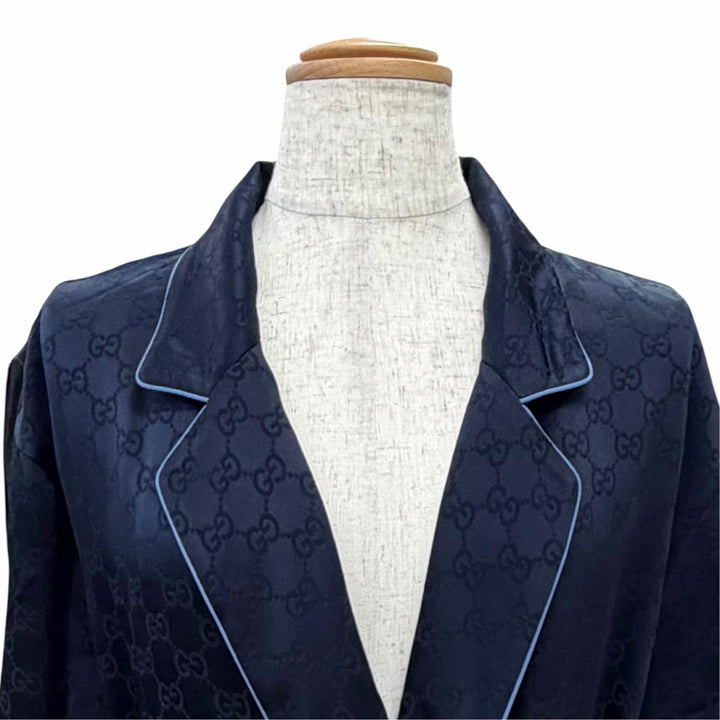 極美品△GUCCI グッチ 803808 GG柄 ベルト付き パジャマ ナイトウェア 長袖シャツ ネイビー 42 イタリア製 正規品 レディース