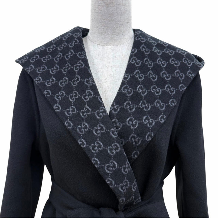 未使用品☆GUCCI グッチ 25AW 793634 リバーシブル ウールブレンド GGシルク コート ベルト ラップコート ブラック 36 イタリア製 正規品