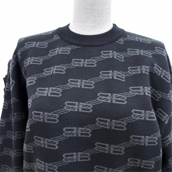 極美品☆BALENCIAGA バレンシアガ 23SS 733861 コットン ウール BBモノグラム 長袖 ニット ブラック グレー M 正規品 レディース メンズ