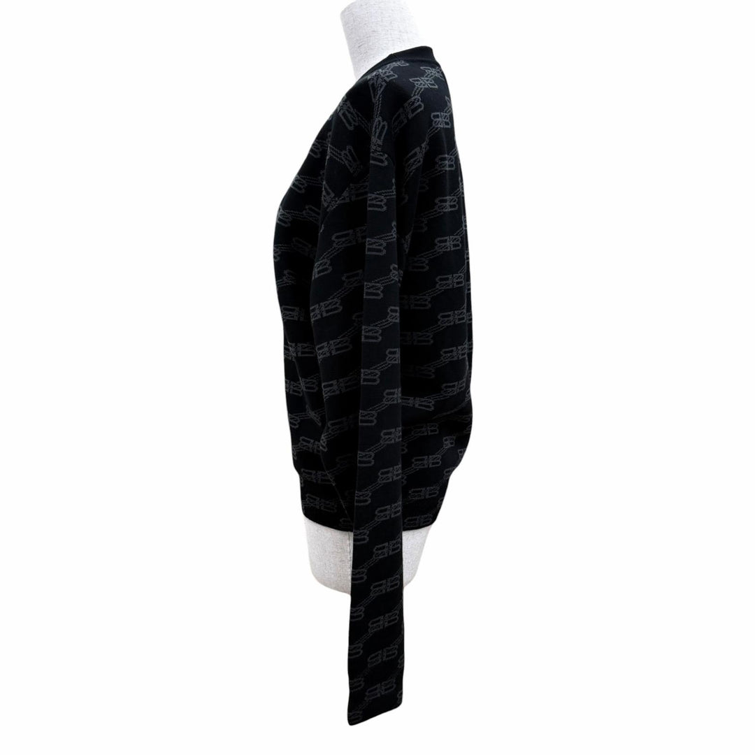 極美品☆BALENCIAGA バレンシアガ 23SS 733861 コットン ウール BBモノグラム 長袖 ニット ブラック グレー M 正規品 レディース メンズ