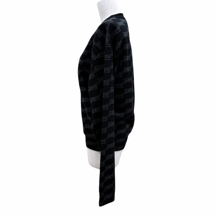 極美品☆BALENCIAGA バレンシアガ 23SS 733861 コットン ウール BBモノグラム 長袖 ニット ブラック グレー M 正規品 レディース メンズ