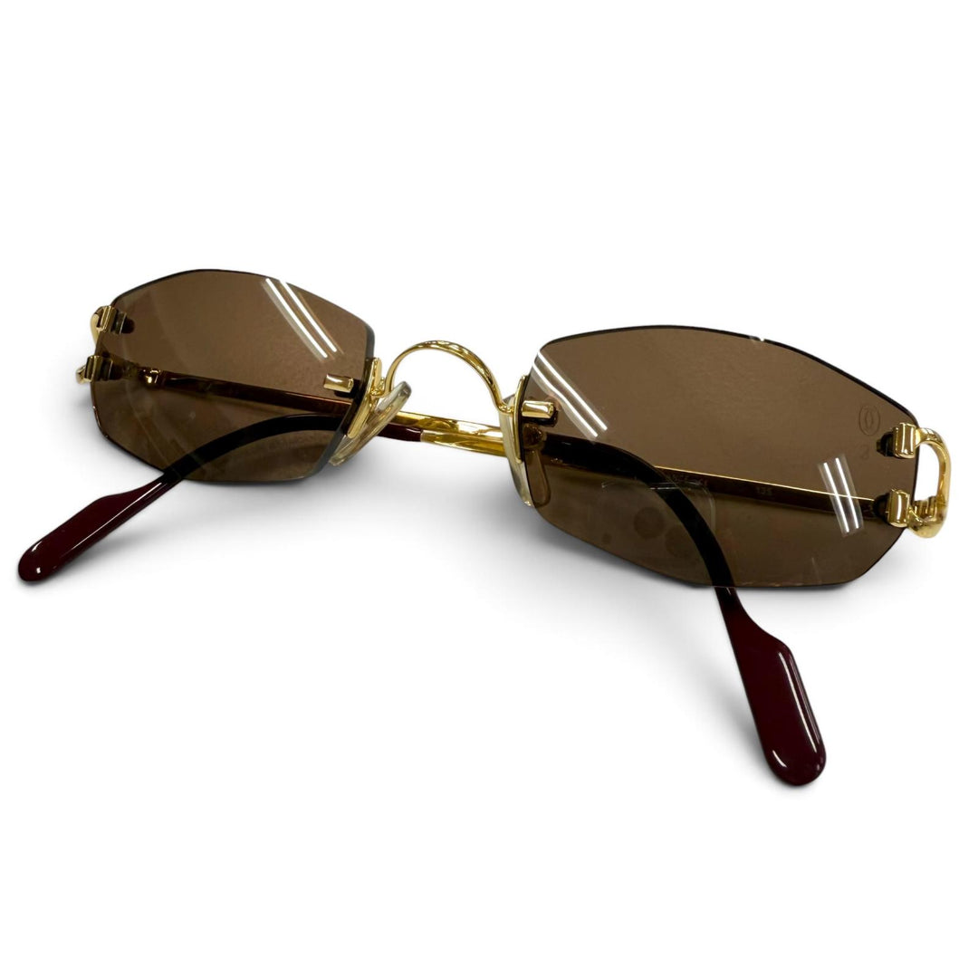 美品▼Cartier カルティエ 2C デコール リムレス ツーポイント アイウェア サングラス ゴールド ボルドー □22 135 デモレンズ メンズ