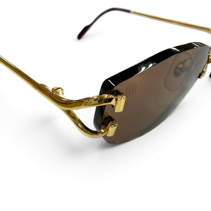 美品▼Cartier カルティエ 2C デコール リムレス ツーポイント アイウェア サングラス ゴールド ボルドー □22 135 デモレンズ メンズ
