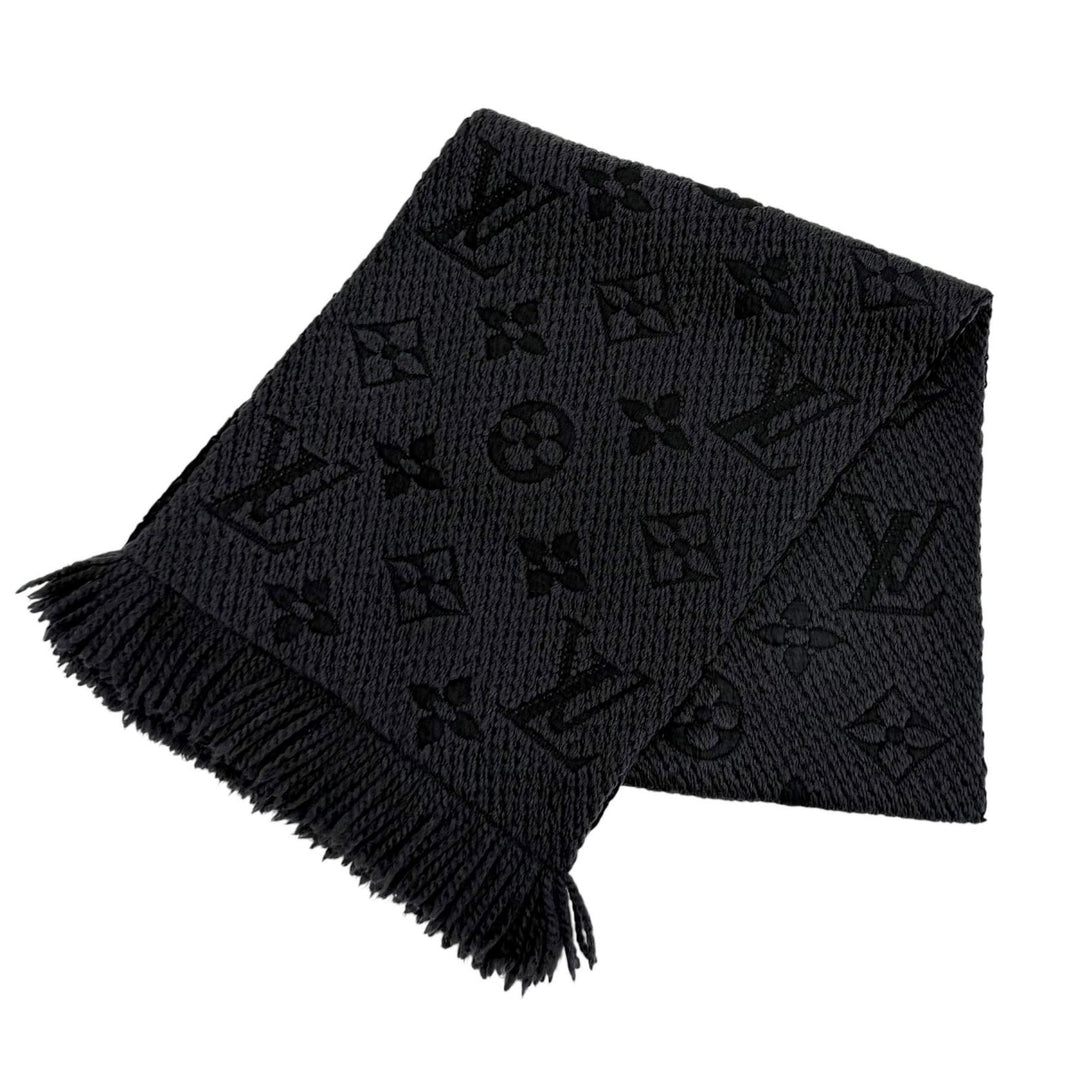 美品★LOUIS VUITTON ルイヴィトン 413287 エシャルプロゴマニア ウール シルク混 モノグラム フリンジ マフラー ブラック イタリア製
