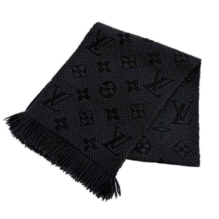 美品★LOUIS VUITTON ルイヴィトン 413287 エシャルプロゴマニア ウール シルク混 モノグラム フリンジ マフラー ブラック イタリア製