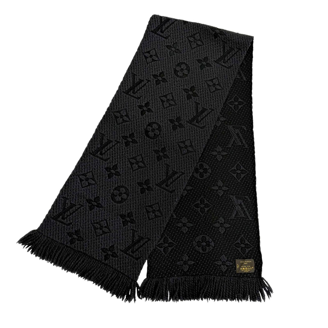 美品★LOUIS VUITTON ルイヴィトン 413287 エシャルプロゴマニア ウール シルク混 モノグラム フリンジ マフラー ブラック イタリア製