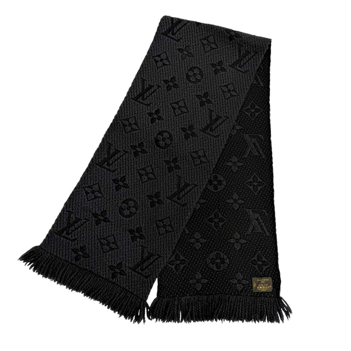 美品★LOUIS VUITTON ルイヴィトン 413287 エシャルプロゴマニア ウール シルク混 モノグラム フリンジ マフラー ブラック イタリア製