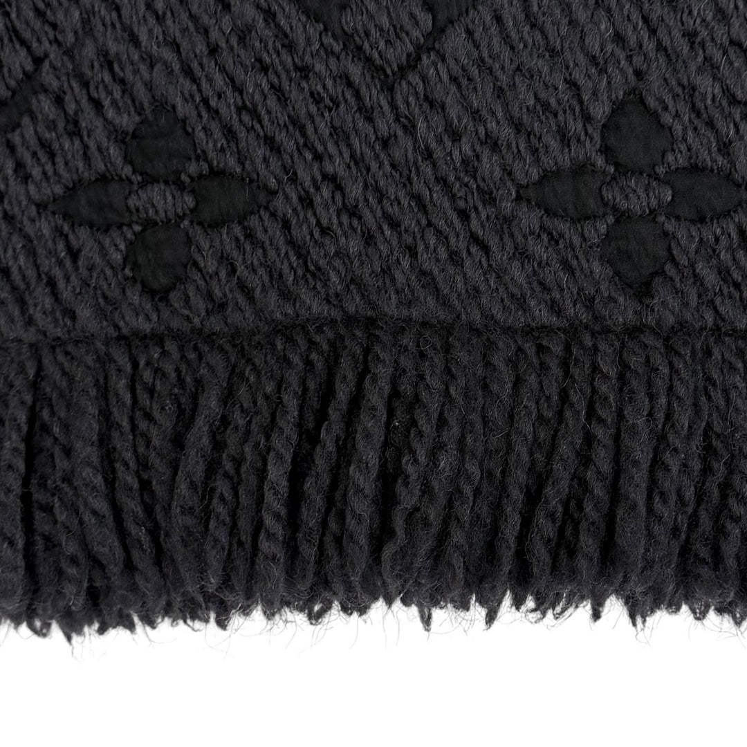 美品★LOUIS VUITTON ルイヴィトン 413287 エシャルプロゴマニア ウール シルク混 モノグラム フリンジ マフラー ブラック イタリア製