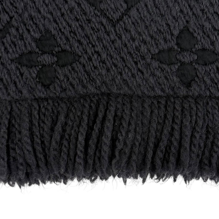 美品★LOUIS VUITTON ルイヴィトン 413287 エシャルプロゴマニア ウール シルク混 モノグラム フリンジ マフラー ブラック イタリア製