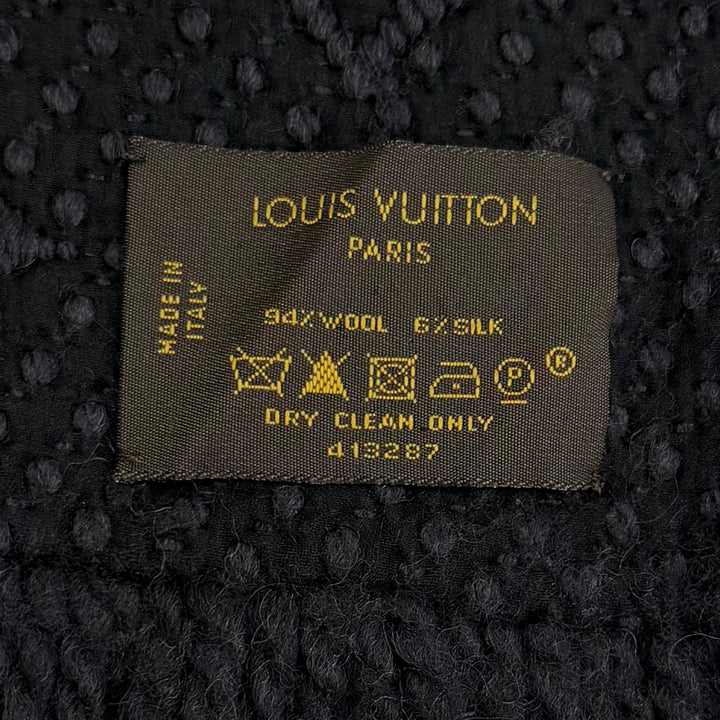 美品★LOUIS VUITTON ルイヴィトン 413287 エシャルプロゴマニア ウール シルク混 モノグラム フリンジ マフラー ブラック イタリア製