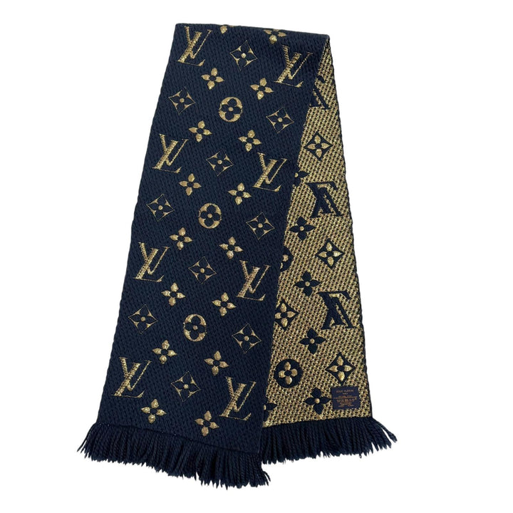 美品☆LOUIS VUITTON ルイヴィトン M70815 エシャルプ・ロゴマニア シャイン ウール シルク ブルーペトロール マフラー イタリア製
