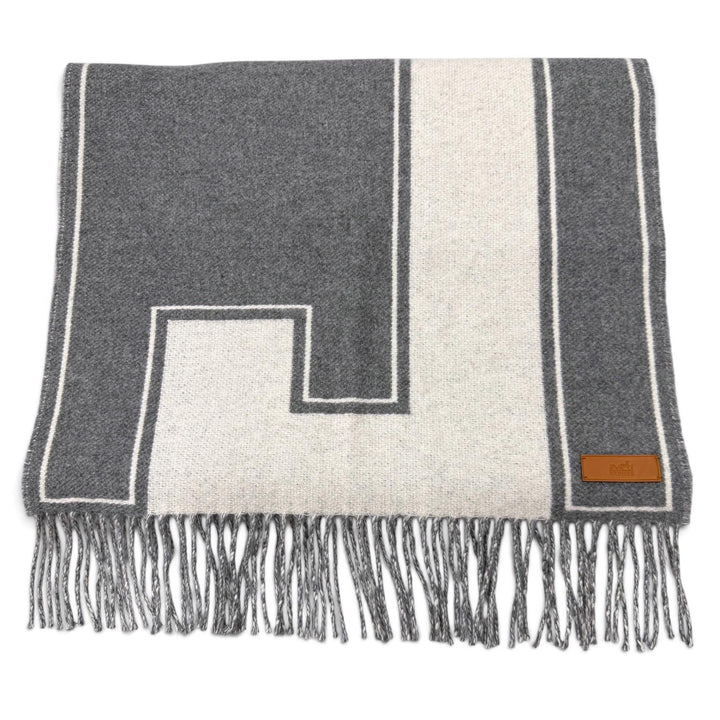 極美品▼HERMES エルメス クレドゥH カシミヤ100% 羊革 レザーパッチ フリンジ付 マフラー グレー イタリア製 正規品 メンズ レディース