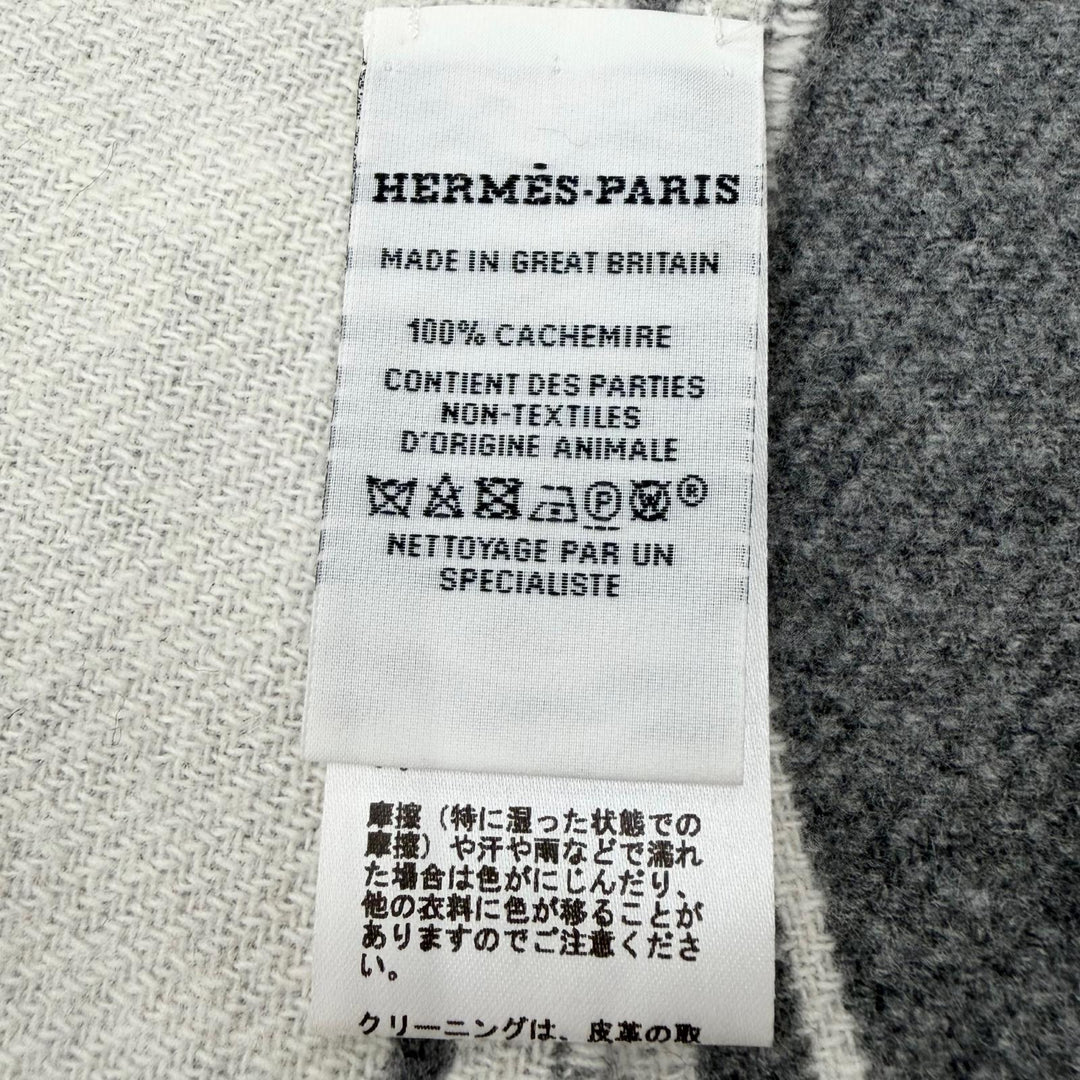 極美品▼HERMES エルメス クレドゥH カシミヤ100% 羊革 レザーパッチ フリンジ付 マフラー グレー イタリア製 正規品 メンズ レディース
