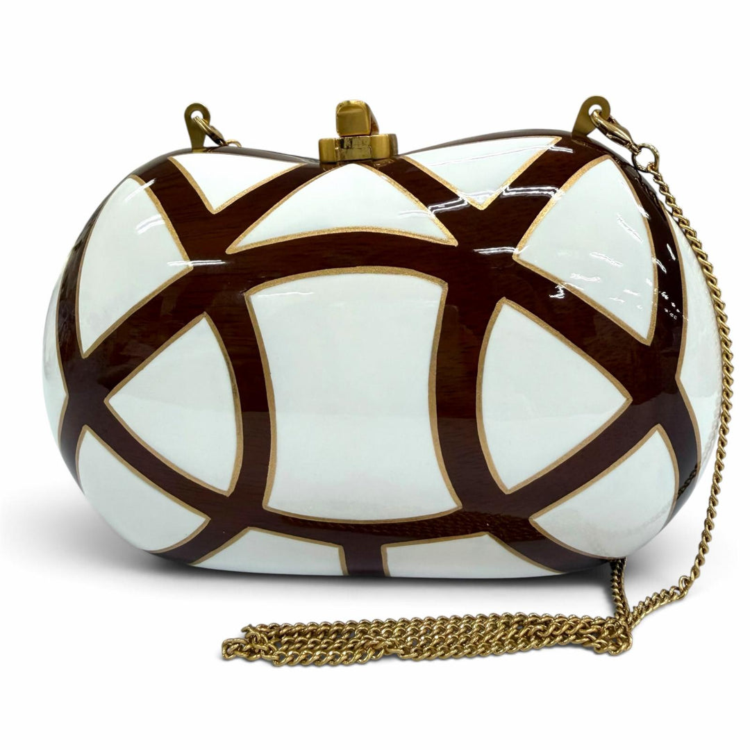 極美品☆ROCIO ロシオ RAMESSES CLASSIC チェーン ウッドバッグ クラッチバッグ ホワイト ブラウン レディース 保存袋付き