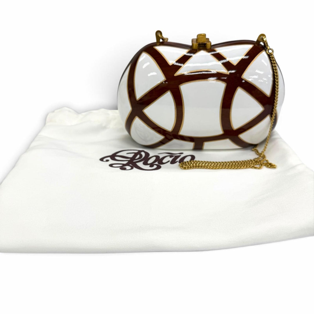 極美品☆ROCIO ロシオ RAMESSES CLASSIC チェーン ウッドバッグ クラッチバッグ ホワイト ブラウン レディース 保存袋付き