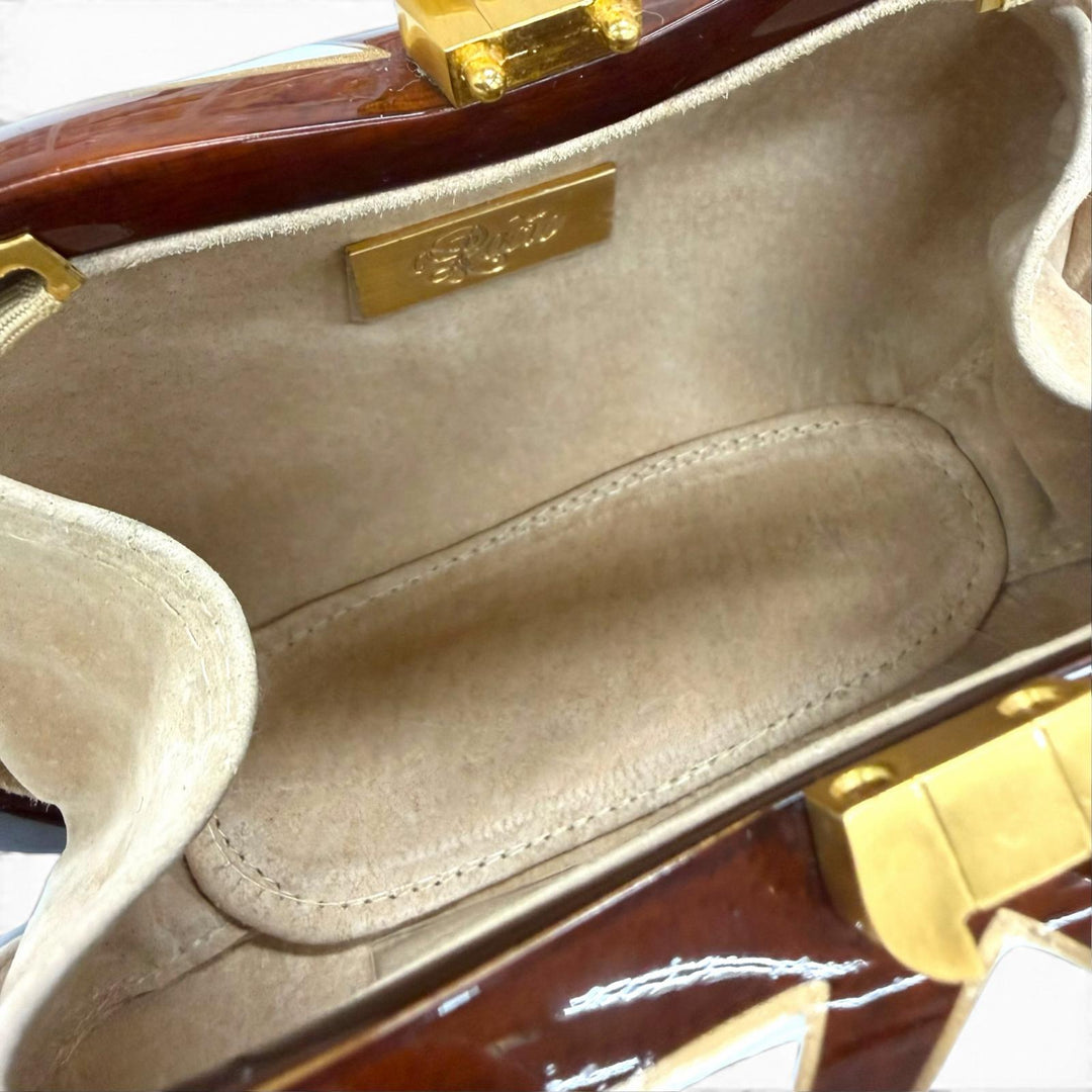 極美品☆ROCIO ロシオ RAMESSES CLASSIC チェーン ウッドバッグ クラッチバッグ ホワイト ブラウン レディース 保存袋付き