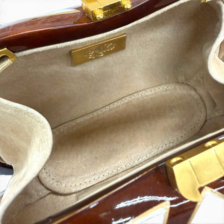 極美品☆ROCIO ロシオ RAMESSES CLASSIC チェーン ウッドバッグ クラッチバッグ ホワイト ブラウン レディース 保存袋付き