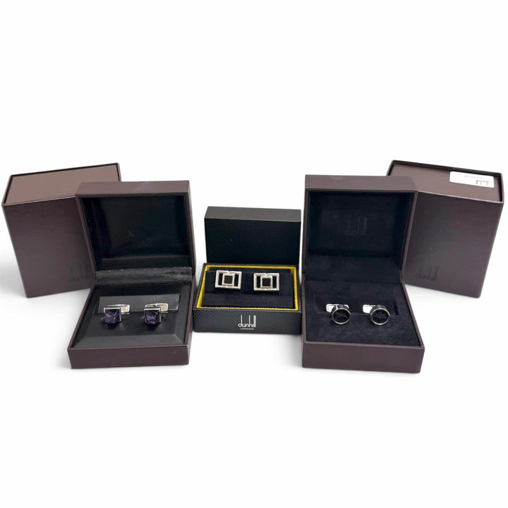 極美品□Dunhill ダンヒル 925 アメジスト スクエア サークル カフスボタン カフリンクス 三点セット シルバー 総重量45g メンズ 箱付き
