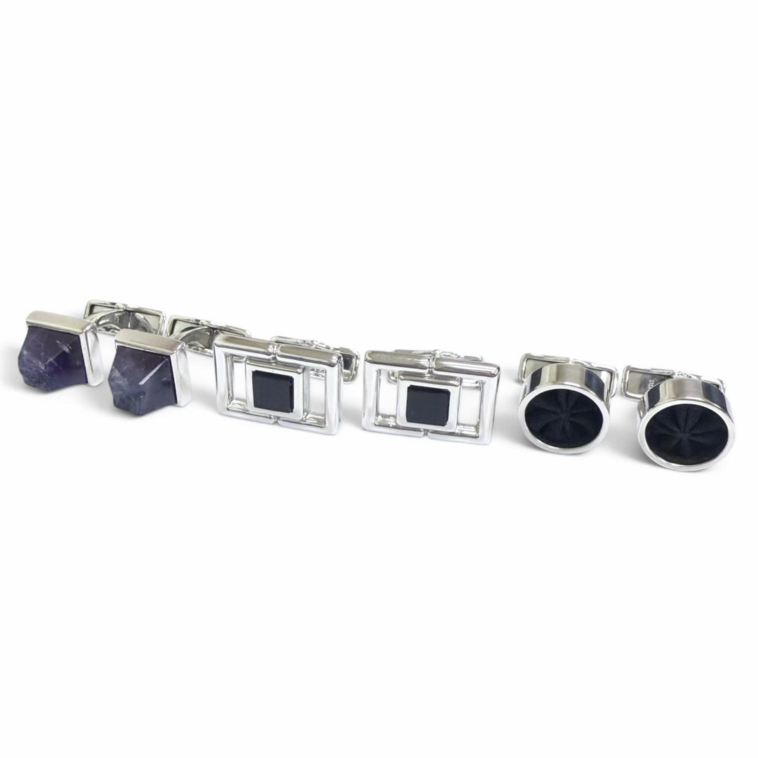 極美品□Dunhill ダンヒル 925 アメジスト スクエア サークル カフスボタン カフリンクス 三点セット シルバー 総重量45g メンズ 箱付き