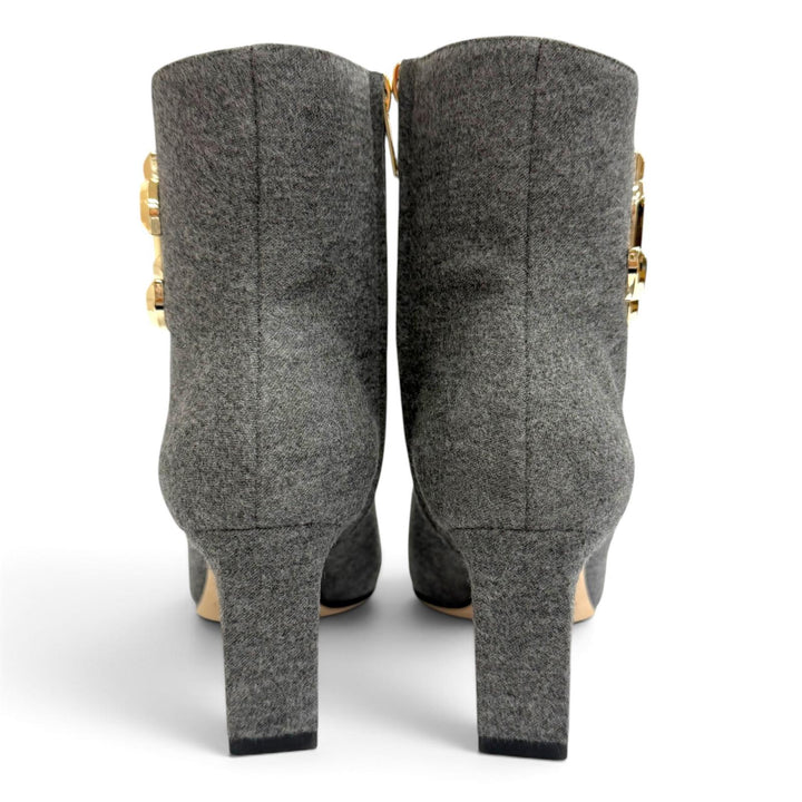 未使用品△JIMMY CHOO ジミーチュウ MINORI 65 ミノリ JCロゴ金具 サイドジップ ショートブーツ アンクルブーツ グレー 35 保存袋付き