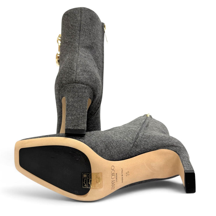 未使用品△JIMMY CHOO ジミーチュウ MINORI 65 ミノリ JCロゴ金具 サイドジップ ショートブーツ アンクルブーツ グレー 35 保存袋付き