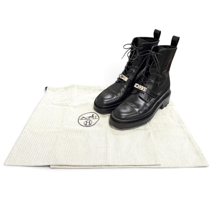 美品△HERMES エルメス 222070Z ファンク ケリーバックル レースアップ レザー アンクルブーツ ショートブーツ ブラック 35 伊製 袋付き