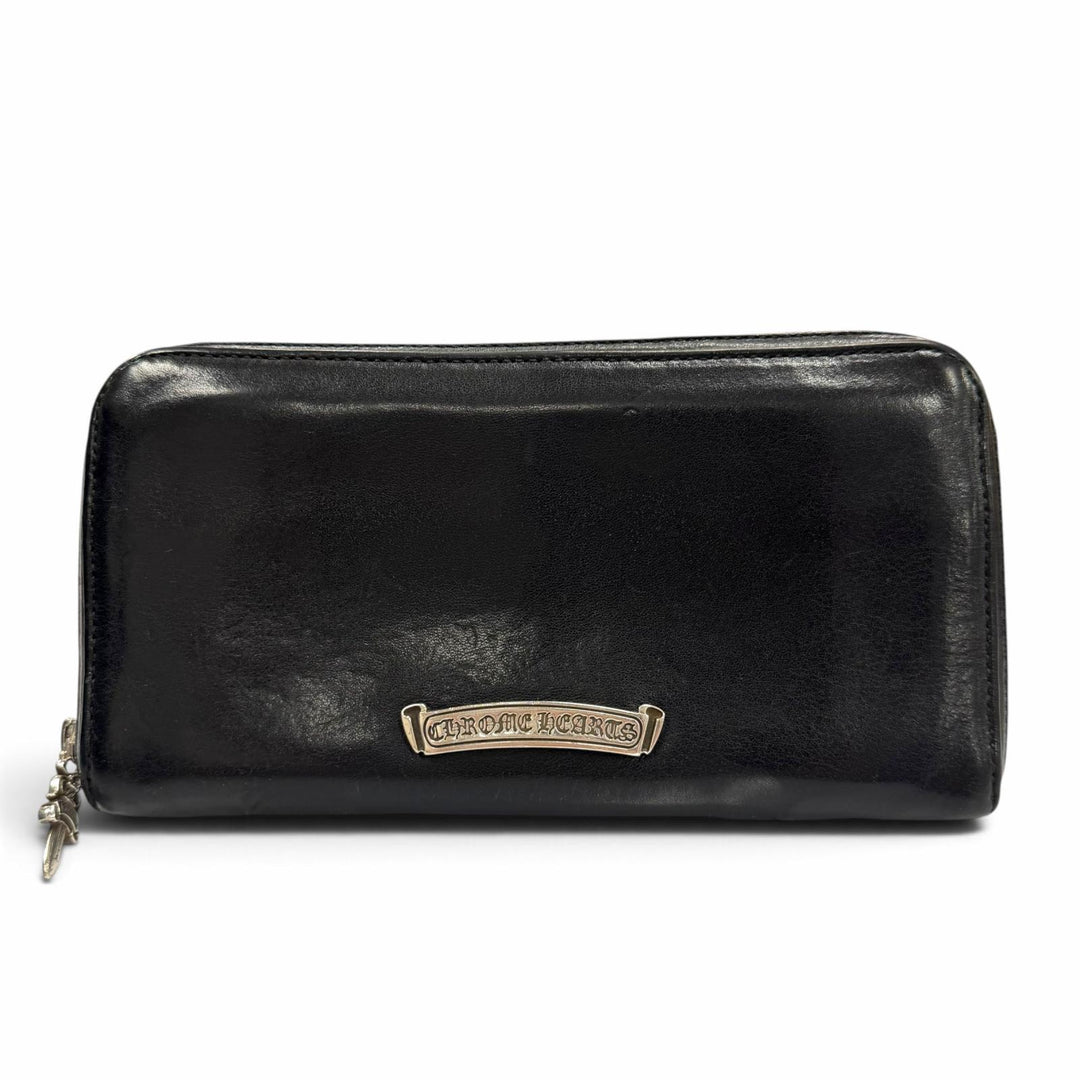 良品▼CHROME HEARTS クロムハーツ REC F ZIP PLANE プレーン レザー 925 スクロールラベル ロングウォレット 長財布 黒 インボイス付き
