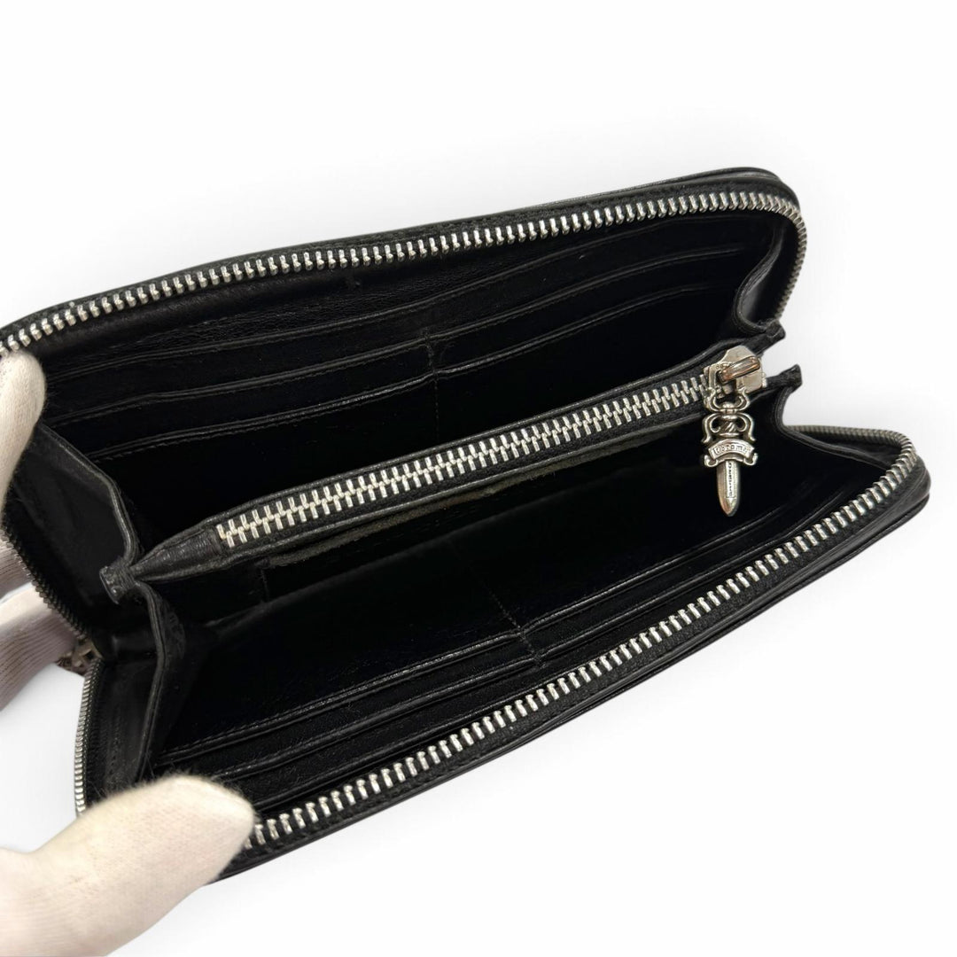 良品▼CHROME HEARTS クロムハーツ REC F ZIP PLANE プレーン レザー 925 スクロールラベル ロングウォレット 長財布 黒 インボイス付き