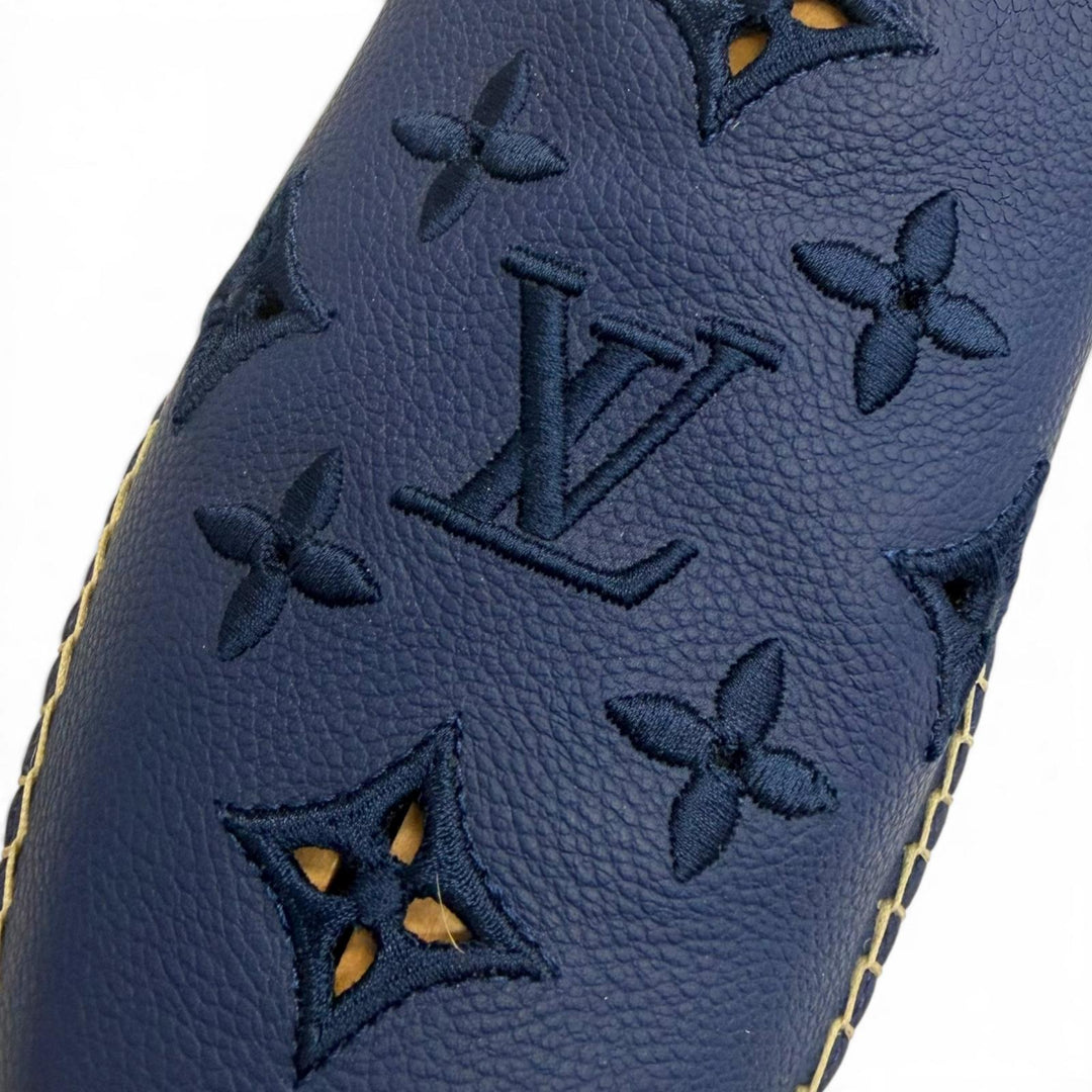 美品□LOUIS VUITTON ルイヴィトン 2022年製 レザー モノグラム ロゴ刺繍 エスパドリーユ スリッポン ネイビー 8.5 イタリア製 メンズ