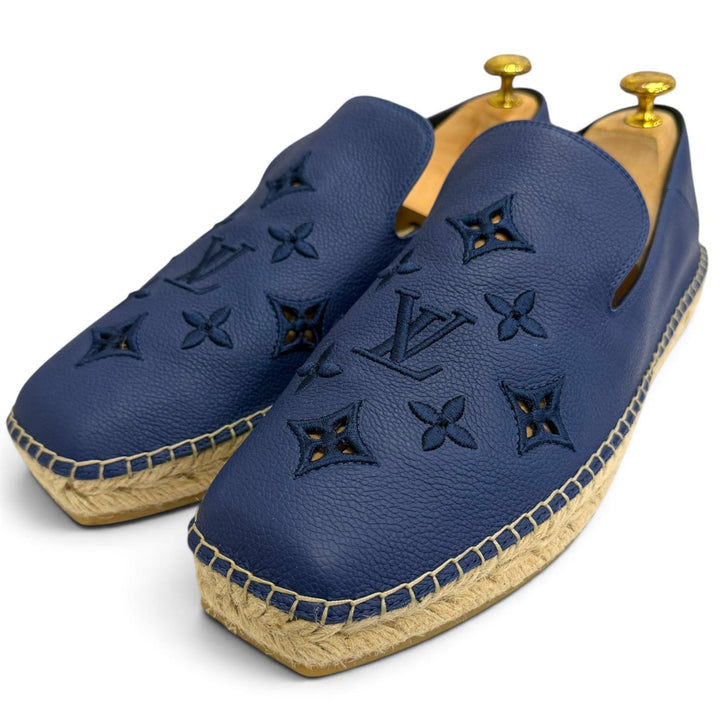 美品□LOUIS VUITTON ルイヴィトン 2022年製 レザー モノグラム ロゴ刺繍 エスパドリーユ スリッポン ネイビー 8.5 イタリア製 メンズ