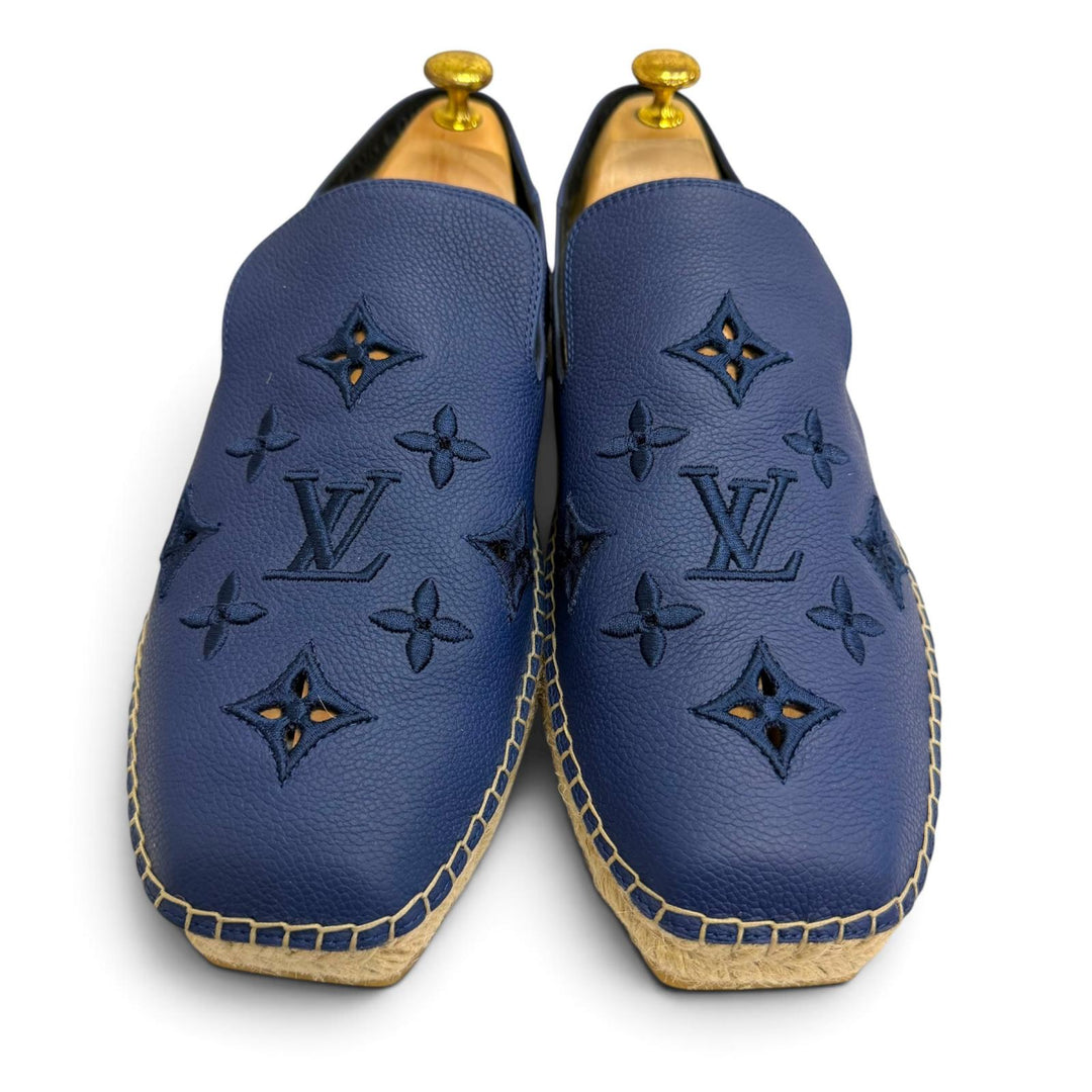 美品□LOUIS VUITTON ルイヴィトン 2022年製 レザー モノグラム ロゴ刺繍 エスパドリーユ スリッポン ネイビー 8.5 イタリア製 メンズ
