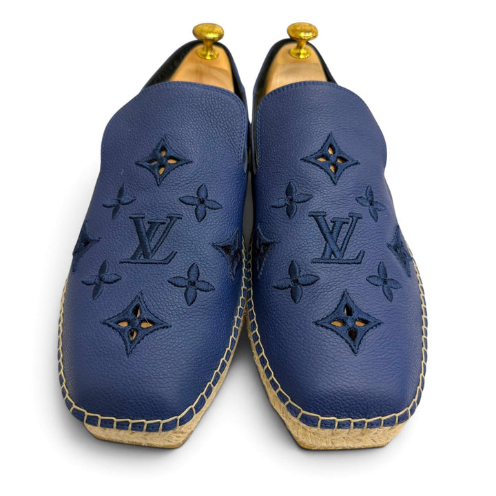 美品□LOUIS VUITTON ルイヴィトン 2022年製 レザー モノグラム ロゴ刺繍 エスパドリーユ スリッポン ネイビー 8.5 イタリア製 メンズ