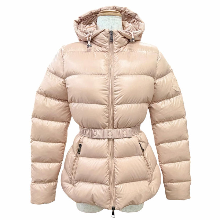 極美品△MONCLER モンクレール RHIN ロゴパッチ付き ベルト付き フーデット ダウンジャケット ピンクベージュ系 00 正規品 ハンガー付き