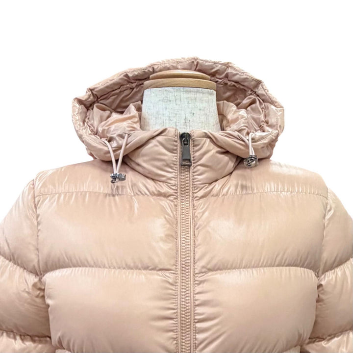 極美品△MONCLER モンクレール RHIN ロゴパッチ付き ベルト付き フーデット ダウンジャケット ピンクベージュ系 00 正規品 ハンガー付き
